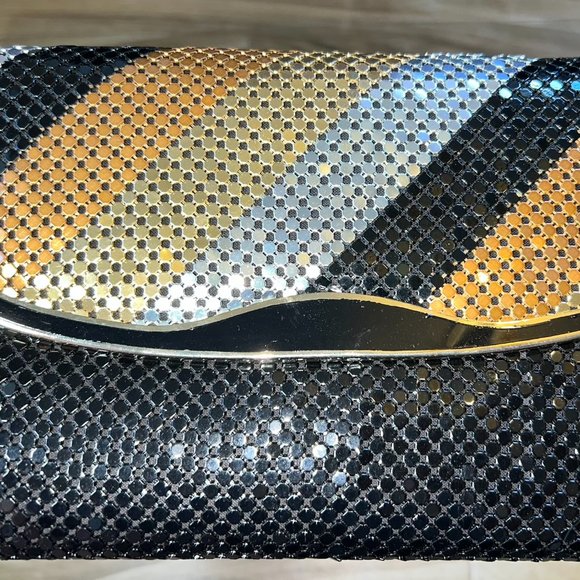 Vintage Black Silver Gold Link Mesh Evening Purse Clutch Crossbody Retro 80s - Picture 10 of 10